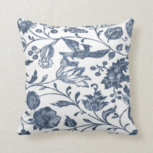 Coussin floral de bois de graveur de bleu d'indigo