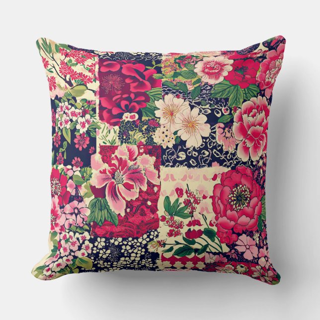 Coussin Floral de chaume chinois rouge et bleu (Recto)