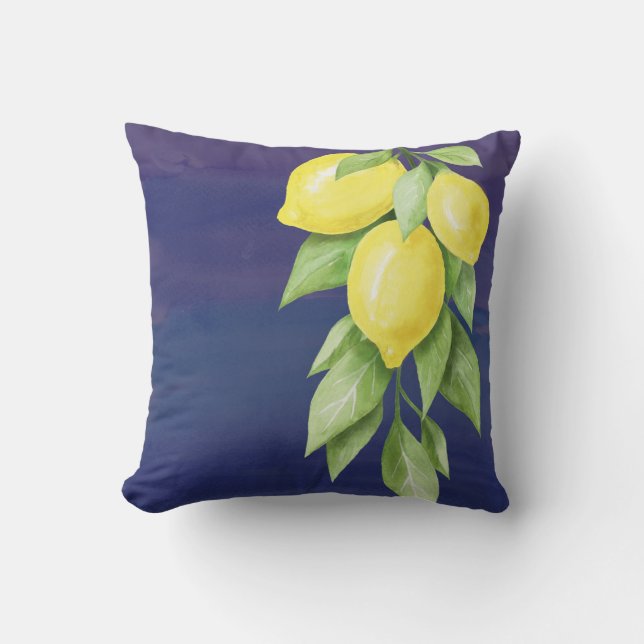 Coussin floral de citron jaune et bleu marine (Recto)