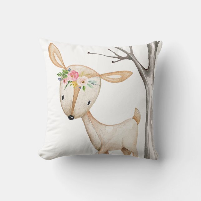 Coussin floral de crèche de région boisée de cerfs (Recto)
