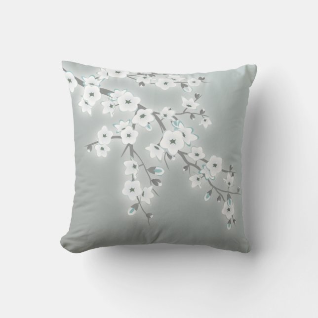 Coussin Floral Fleurs de cerisiers Khaki Blanc (Recto)