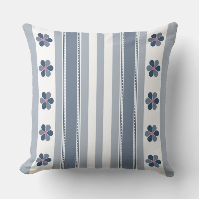 Coussin Floral gris bleu et rayures (Recto)