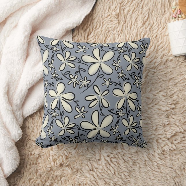 Coussin Floral Gris et motif de fleur de crème (Couverture)