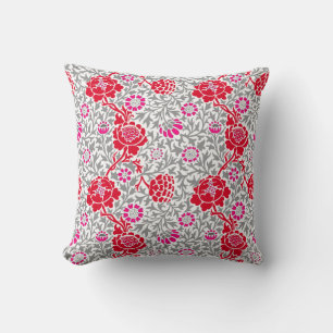 Coussin Floral jacobéen, rouge profond, rose et gris