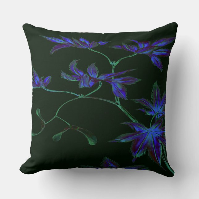 Coussin floral japonais profond bleu et vert (Recto)