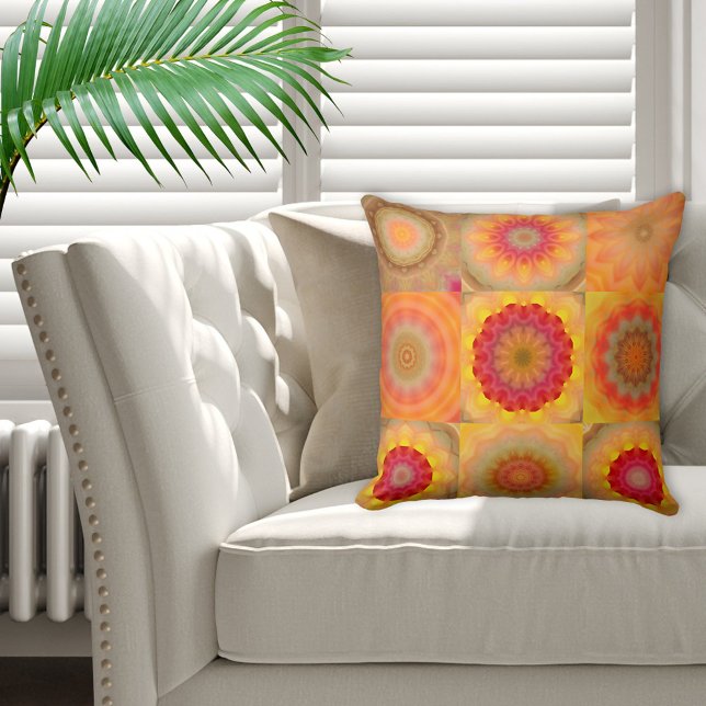 Coussin Floral Mandala Patchwork or Quilt Pattern Pillow (Pillow with an abstract art original flower pattern in quilt or patchwork style in warm colors. )