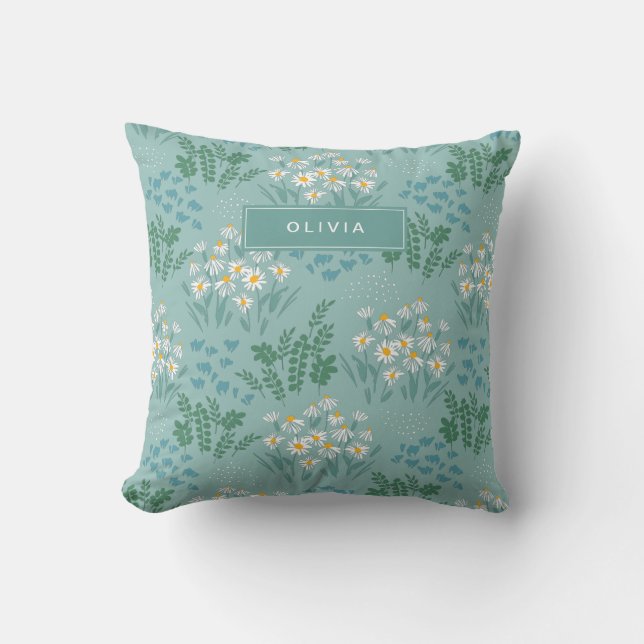 Coussin Floral moderne marguerite bleu girly élégant éléga (Recto)