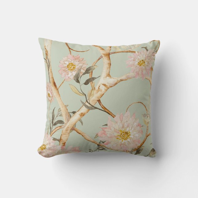 Coussin Floral Moderne Sage Vert Chinoiserie Aquarelle (Recto)