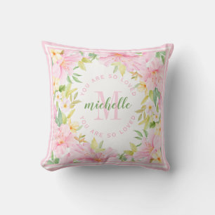 Coussin Floral Monogramme Aquarelle Bleu rose bébé fille