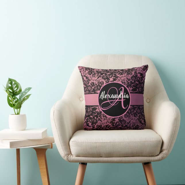 Coussin Floral Moody foncé sur Monogramme rose (Chaise)
