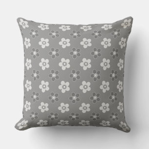 Coussin Floral motif fleurs rétro gris blanc, léger
