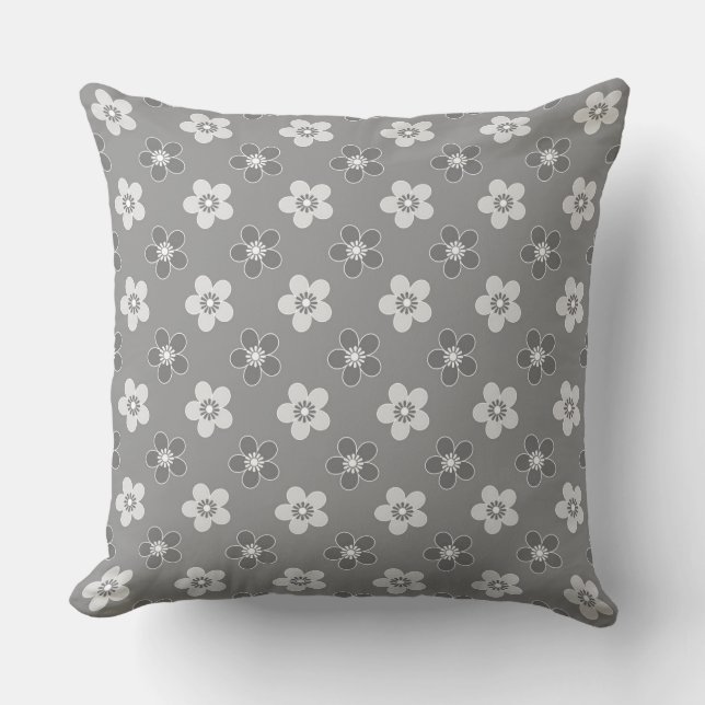 Coussin Floral motif fleurs rétro gris blanc, léger (Recto)