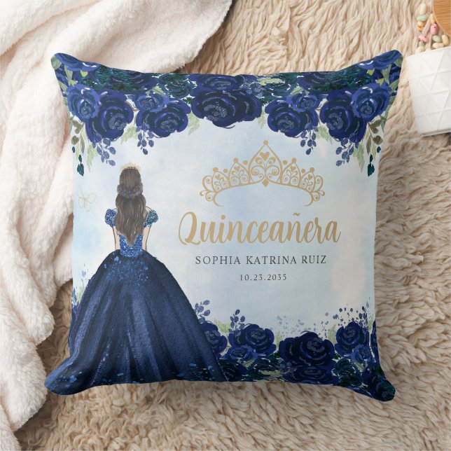 Coussin Floral Navy Blue Gold Princess Tiara Quinceanera (Couverture)