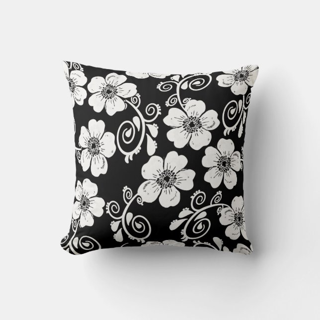 coussin floral noir et blanc, coussin élégant (Recto)