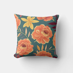 Coussin Floral orange et jaune vif sur Arrière - plan vert