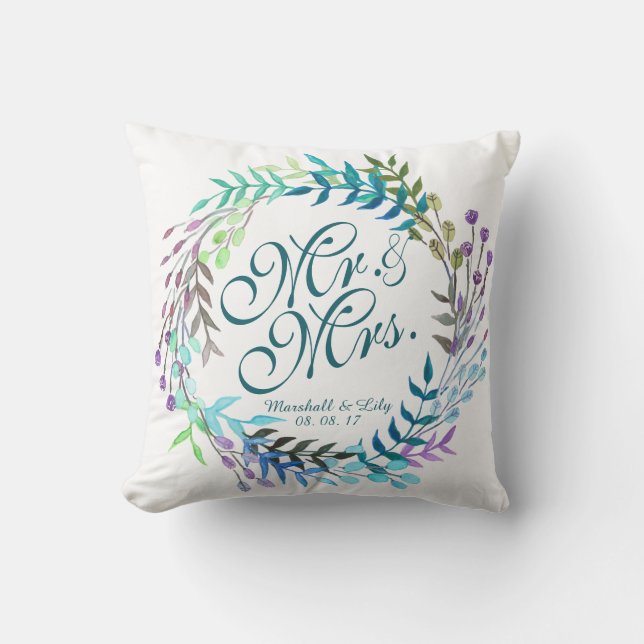 Coussin floral personnalisé de mariage d'aquarelle (Recto)