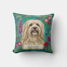 Coussin floral personnalisé Lhasa Apso crème