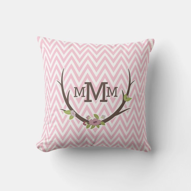 Coussin Floral Pink Chevron Motif Monogramme (Recto)