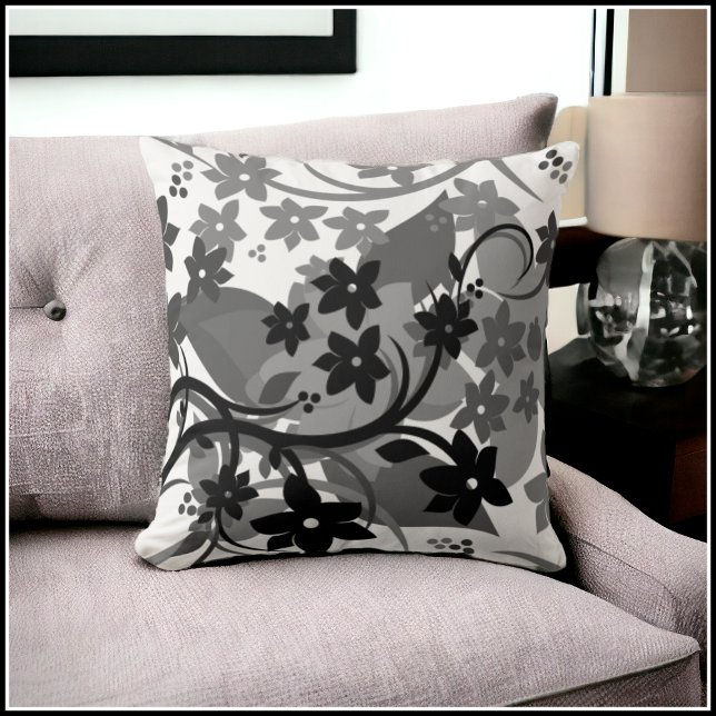Coussin [Floral rétro] Gris Gris Botanique Design graphiqu (Choose from 8 Different Color Variations)