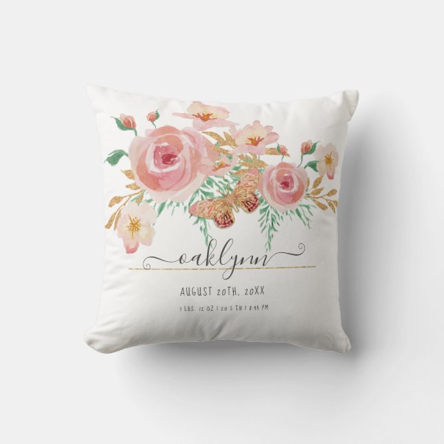 Coussin Floral rose Blush Rose Baby Girl Stats de naissanc (Recto)
