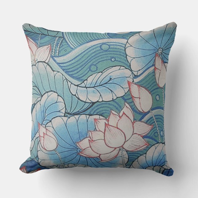 Coussin Floral rose de Chinoiserie et bleu oriental en (Recto)