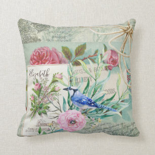 Coussin Floral rose d'oiseau élégant de geai bleu et nommé