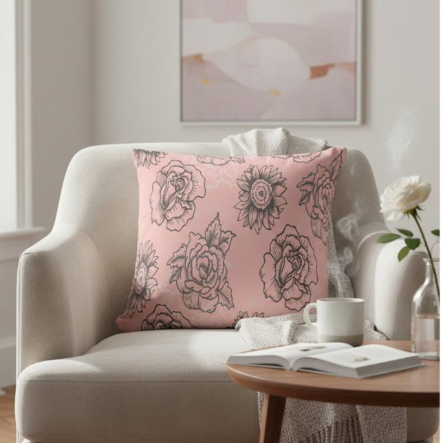 Coussin Floral rose et noir (Créateur téléchargé)
