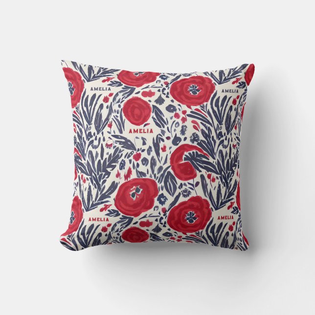 Coussin Floral Rouge Blanc & Bleu Motif botanique (Recto)