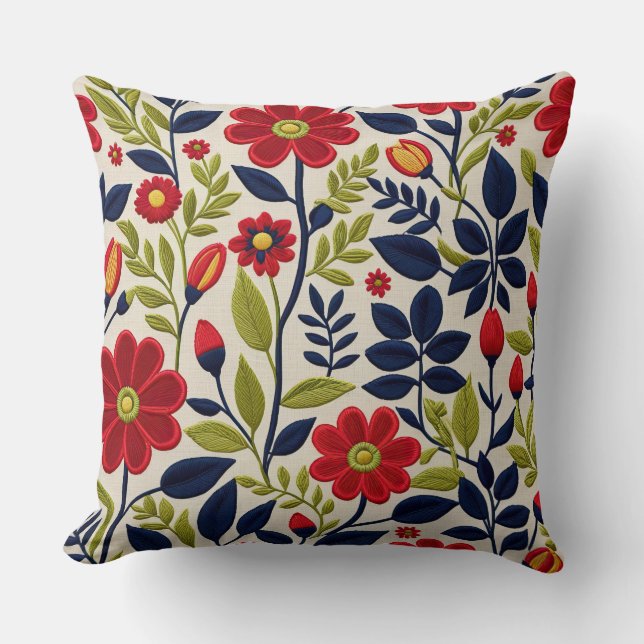 Coussin Floral rouge, vert, bleu et blanc (Recto)
