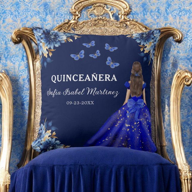 Coussin Floral Royal Blue Gold Princess Quinceanera (Créateur téléchargé)