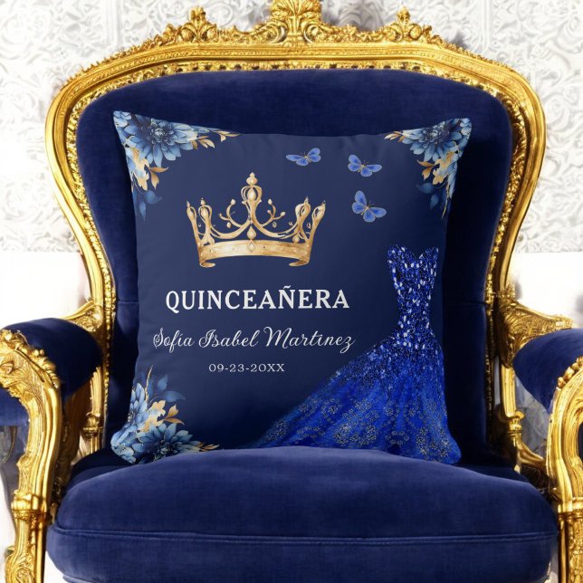 Coussin Floral Royal Blue Gold Princess Quinceanera (Créateur téléchargé)