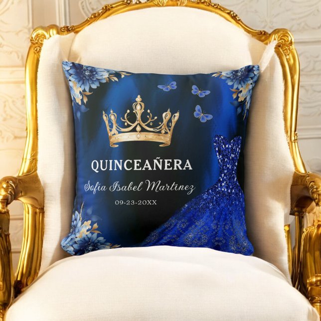 Coussin Floral Royal Blue Gold Princess Quinceanera (Créateur téléchargé)