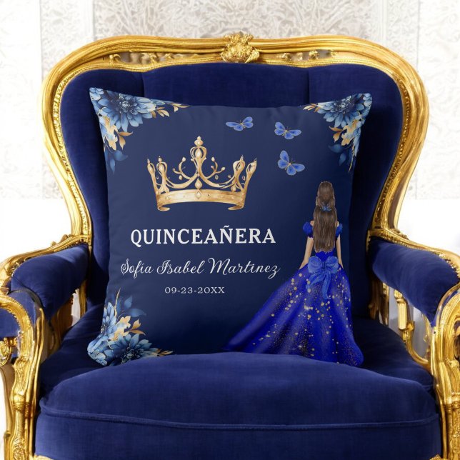 Coussin Floral Royal Blue Gold Princess Quinceanera (Créateur téléchargé)