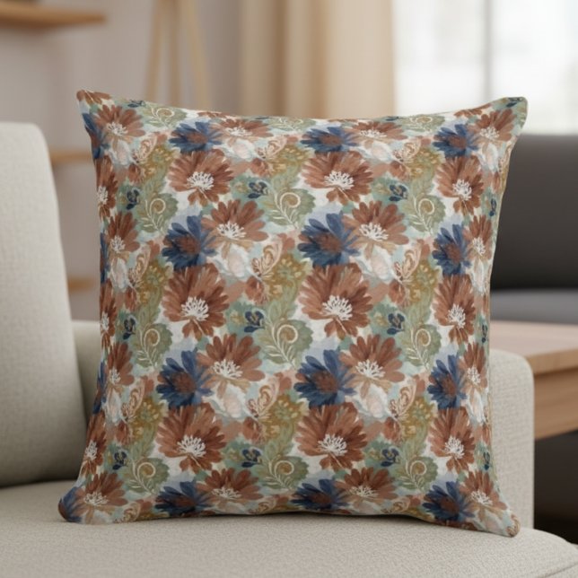 Coussin Floral Throw Pillow - Earth Tones Boho Chic (Floral Throw Pillow - Earth Tones Boho Chic)