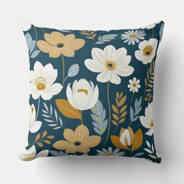 Coussin Floral turquoise, bleu et or (Recto)