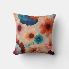 Coussin Floral turquoise, bleu, rouge et rouille