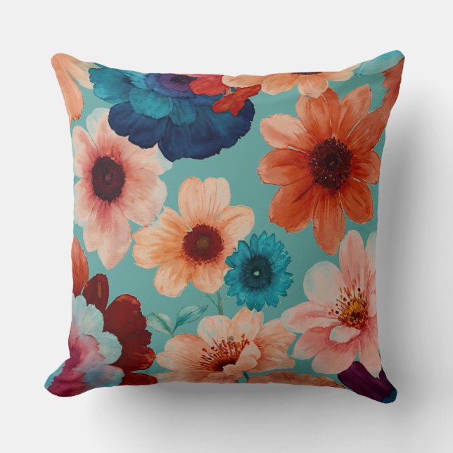 Coussin Floral turquoise, bleu, rouge et rouille (Recto)