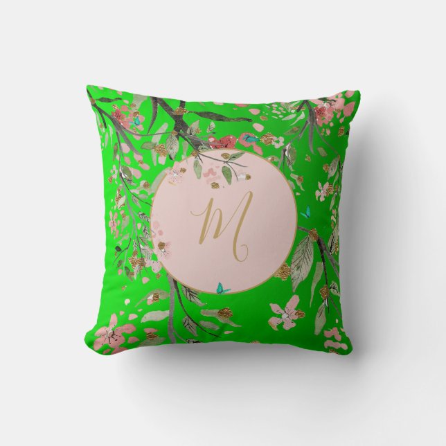 Coussin Floral Vert Élégant Pink Gold Chinoiserie (Recto)
