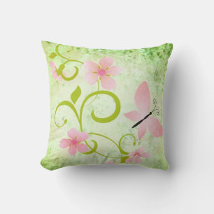 Coussin Florale de papillon rose et vert