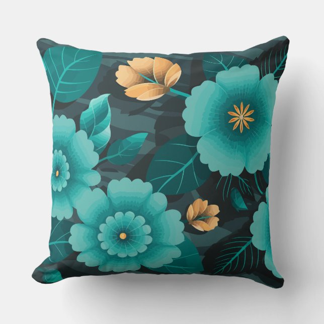 Coussin Florale turquoise et or avec Feuilles vert foncé (Recto)