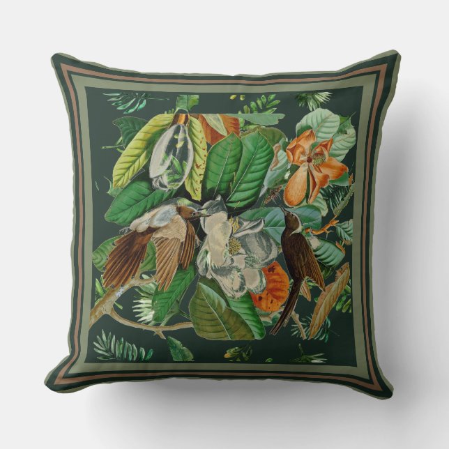 Coussin Floraux Oiseaux Vert foncé (Recto)