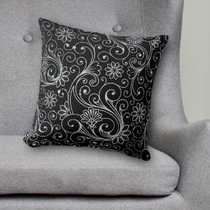 Coussin Flore argentée sur noir