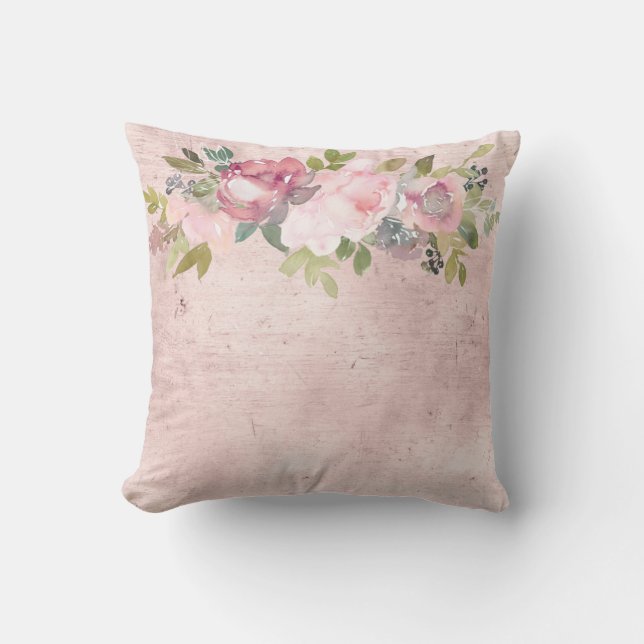 Coussin Flore d'aquarelle rose pâle sur un bleu dénudé  (Recto)