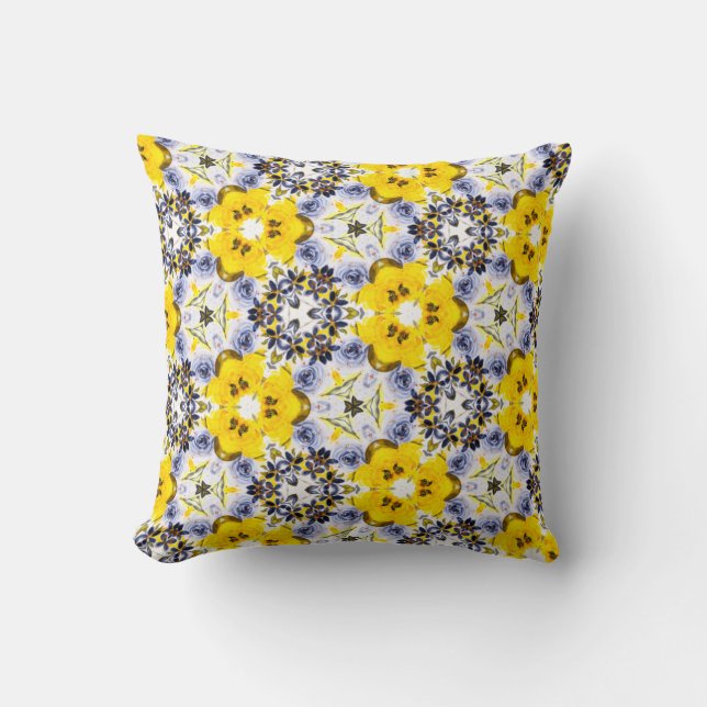 Coussin Flore kaléidoscope en Jaune, Bleu, Gris (Recto)