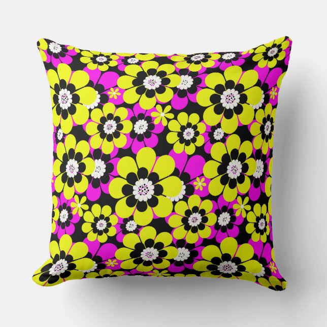 Coussin Flore néon brillant motif crammson et flux jaune (Recto)