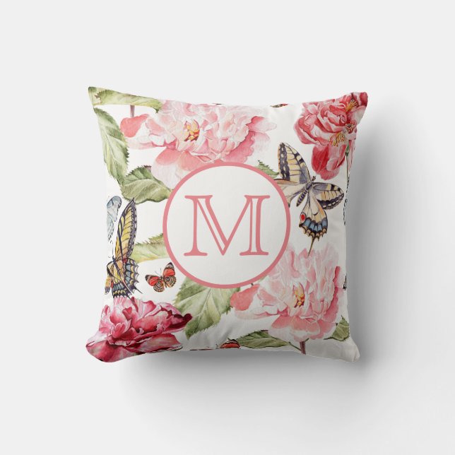 Coussin Flore rose avec papillons et monogramme (Recto)