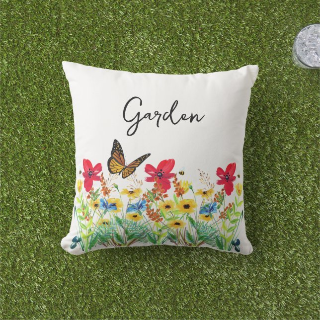 Coussin Flore rouge jaune et bleu avec papillon (Herbe)
