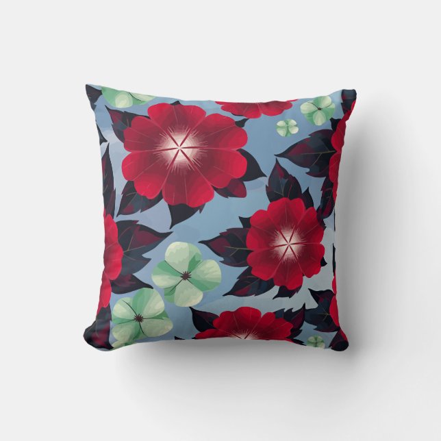 Coussin Flore verte rouge et menthe sur arrière - plan ble (Recto)
