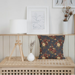 Coussin Flores d'automne en Bourgogne profonde et crème ch