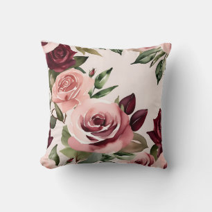 Coussin Flores romantiques Aquarelle Roses Bourgogne
